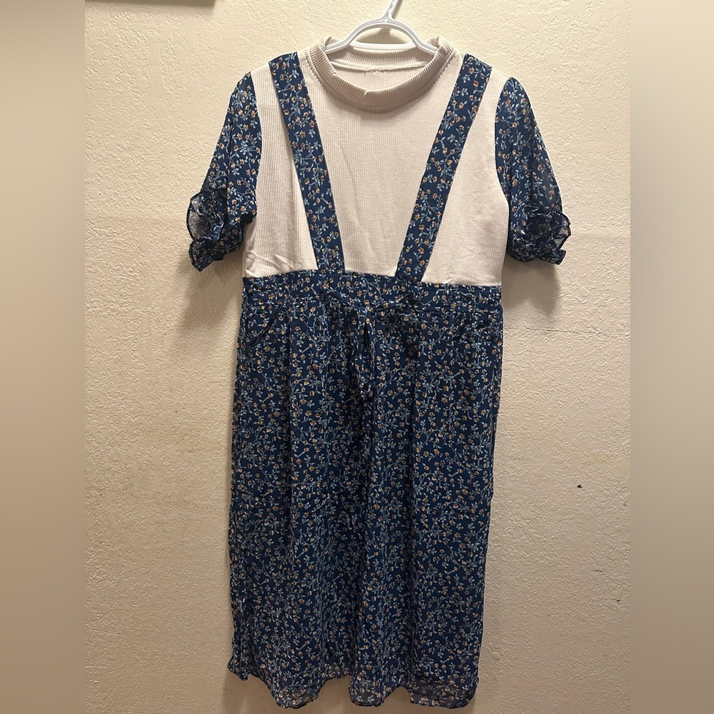 Floral Blue and White Dress with Puff Sleeves